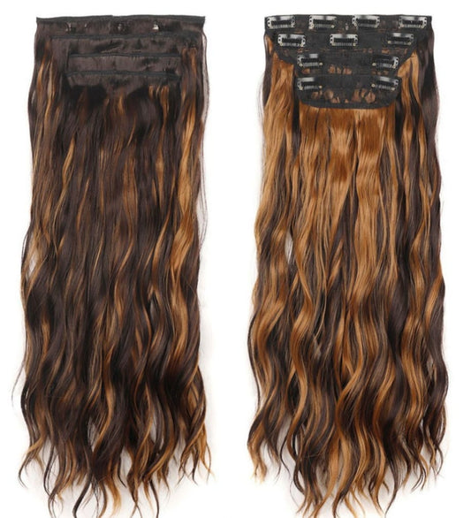 16 Clip In Patch With Caramel Highlights & Dark Brown Hair